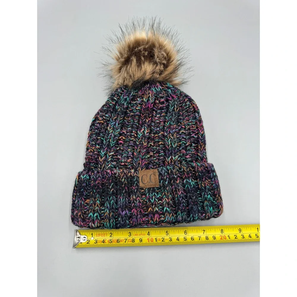C.C Exclusives Multi-Color Confetti Cable Knit Beanie Faux Fur Pom Hat Cap